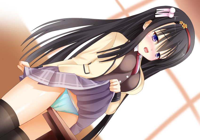 1girl arm_at_side aroused black_hair black_thighhighs blue_panties blurry blurry_background blush breasts brown_sweater_vest cameltoe clothes_lift collared_shirt commentary_request company_connection crotch_rub derivative_work double-parted_bangs drooling eyes_visible_through_hair female_masturbation flower frilled_panties frills grey_skirt hair_between_eyes hair_flower hair_ornament hairband highres indoors jacket kouyou_minami large_breasts lifted_by_self long_hair long_sleeves looking_down masturbation miniskirt mouth_drool necktie nijouin_hazuki nose_blush open_clothes open_jacket open_mouth panties plaid plaid_skirt pleated_skirt purple_eyes red_hairband red_necktie riddle_joker scene_reference school_uniform shirt sidelocks skirt skirt_lift straight_hair sweater_vest table_sex tassel tassel_hair_ornament tears teeth thighhighs thighs underwear upper_teeth_only very_long_hair white_shirt white_tassel yellow_jacket yellow_shirt yuzu-soft zettai_ryouiki