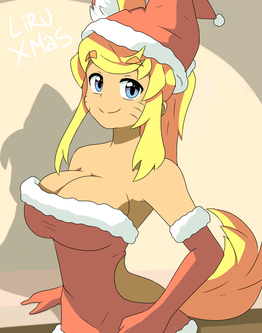 animal_humanoid big_breasts breasts canid canid_humanoid canine canine_humanoid christmas cleavage clothed clothing eyebrow_through_hair eyebrows female hair hi_res holidays humanoid liru_(magical_pokaan) lirudraw magical_pokaan mammal mammal_humanoid santa_dress solo translucent translucent_hair wolf_humanoid