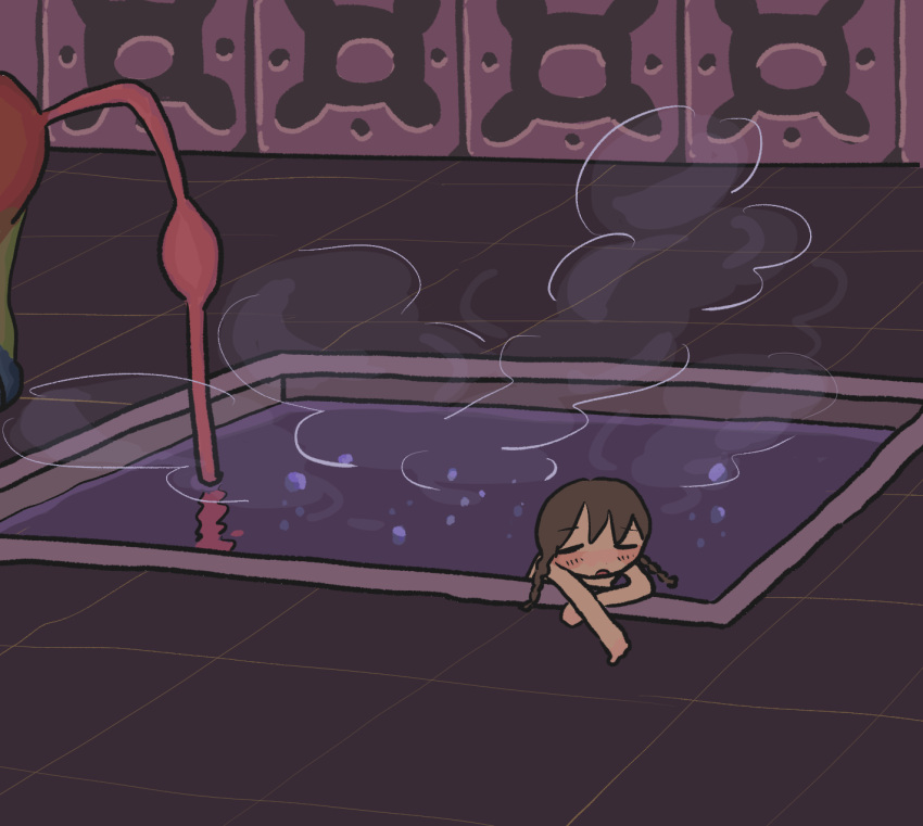 1girl 1other air_bubble bathing blush braid brown_hair bubble closed_eyes commentary_request fucca highres long_hair low_twin_braids madotsuki nose_blush onsen onsen-san_(yume_nikki) open_mouth out_of_frame outstretched_arm partially_submerged refraction relaxing solo_focus steam tile_floor tiles twin_braids water wide_shot yume_nikki