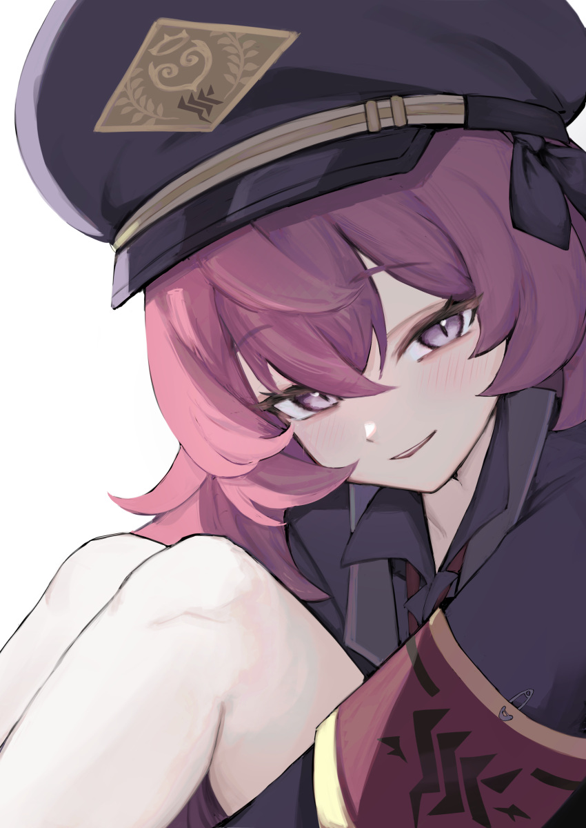 1girl absurdres armband black_headwear black_jacket black_shirt blue_archive blush close-up collared_shirt commentary_request hair_between_eyes hat highres hugging_own_legs iroha_(blue_archive) jacket knees_up light_blush long_hair looking_at_viewer military_hat parted_lips raised_eyebrows red_armband red_eyes red_hair shirt simple_background slit_pupils smile solo wavy_hair white_background yagiusagi