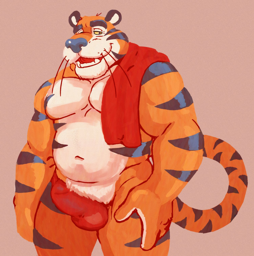 2023 anthro balls_outline belly biceps biped black_body black_fur black_stripes blue_nose bulge digital_media_(artwork) eyebrows felid frosted_flakes fur genital_outline hi_res kellogg's male mammal mascot musclegut muscular muscular_anthro muscular_male navel open_mouth open_smile orange_body orange_fur pantherine pecs penis_outline pubes smile solo spectral-bat striped_body striped_fur stripes tan_body tan_fur teeth tiger tongue tony_the_tiger towel towel_only whiskers