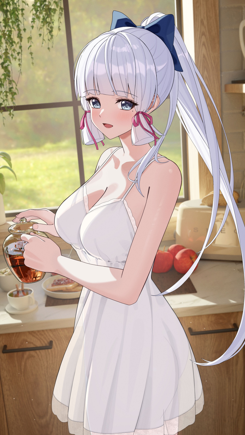 1girl absurdres apple blue_eyes bow breasts commentary_request counter cup dress food fruit genshin_impact hair_bow hair_ribbon high_ponytail highres holding holding_teapot indoors jumonji kamisato_ayaka kitchen large_breasts long_hair mole mole_under_eye plate pouring ribbon sidelocks solo tea teacup teapot tress_ribbon very_long_hair white_dress white_hair window