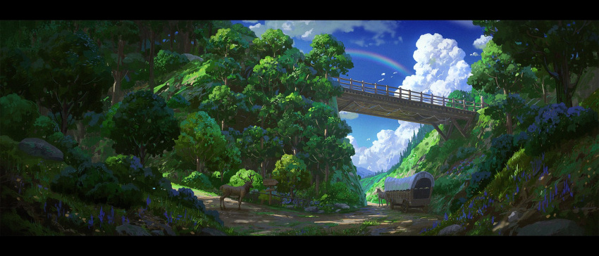 blue_flower blue_sky bridge bush carriage cloud commentary cyclecircle day deer english_commentary film_grain flower forest grass highres horse landscape letterboxed mountain nature no_humans original outdoors rainbow road road_sign scenery sign sky sunlight tree wide_shot