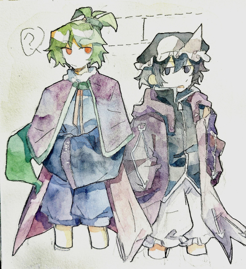 2others ? aaayamitsu adagumo_no_saragimaru androgynous arrow_print black_headwear black_shirt black_sleeves blue_kimono blue_pants capelet chinese_commentary closed_mouth collar collared_capelet collared_shirt commentary_request detached_sleeves frilled_hat frilled_pants frills green_hair green_trim hair_ornament hands_in_pockets hat height_difference highres hood hood_down hooded_jacket jacket japanese_clothes kimono len'en long_sleeves mob_cap multiple_others necktie open_mouth own_hands_together painting_(medium) pants puffy_pants purple_capelet purple_eyes purple_hair purple_jacket purple_trim red_eyes red_necktie shirt shitodo_kuroji short_hair short_ponytail shorts sleeveless sleeveless_shirt snake_hair_ornament snake_tail speech_bubble spoken_question_mark tail traditional_media triangle_mouth triangular_headpiece watercolor_(medium) white_collar white_shorts white_trim wide_sleeves zipper