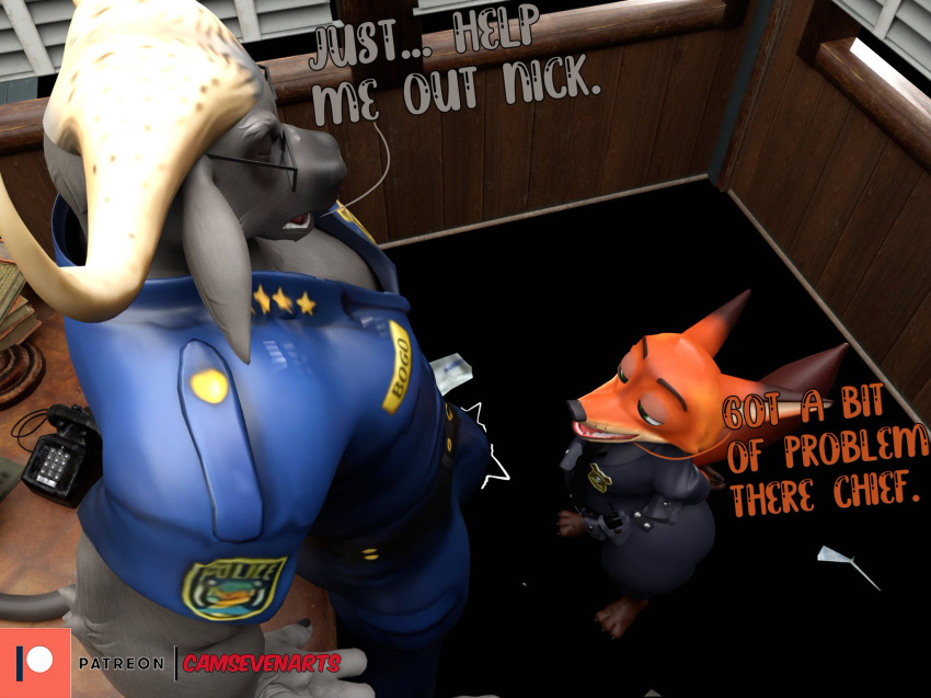 anthro blue_clothing bovid bovine bulge camseven canid canine cape_buffalo chief_bogo clothed clothing curvy_body curvy_figure curvy_male dialogue disney duo erection erection_under_clothing fox fur green_eyes hi_res horn looking_down looking_pleasured male male/male mammal muscular muscular_male nick_wilde office orange_body orange_fur patreon police police_officer police_uniform red_body red_fox red_fur requested_sex talking_to_another talking_to_partner thick_thighs uniform wide_hips zootopia