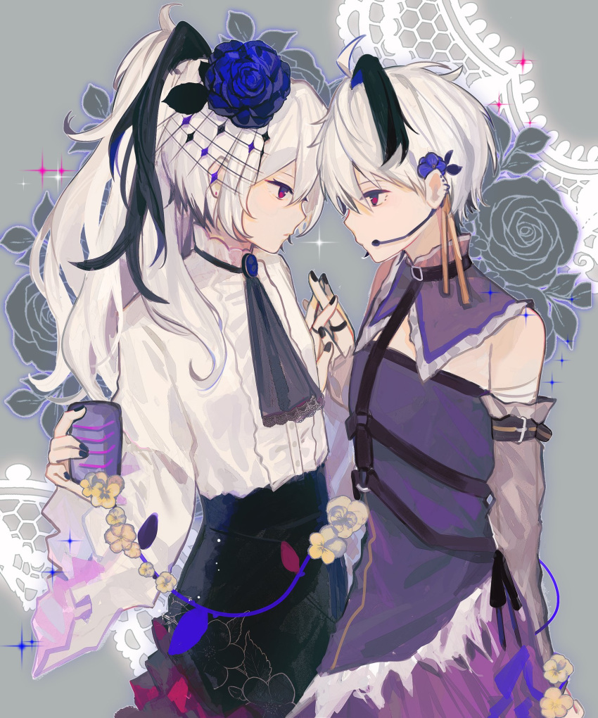 2girls anniversary bandaged_arm bandages bare_shoulders black_hair black_nails black_neckerchief black_skirt blue_flower center_frills commentary cowboy_shot detached_sleeves doily dress dual_persona expressionless face-to-face floral_background floral_print flower flower_(vocaloid) flower_(vocaloid4) frills grey_background hair_flower hair_ornament headset highres holding holding_hands holding_microphone long_hair looking_at_another microphone multicolored_hair multiple_girls neckerchief ponytail purple_dress purple_eyes shirt short_hair skirt sparkle streaked_hair vocaloid white_hair white_shirt yellow_flower yu_(4yc1lz5yhaecrlv)