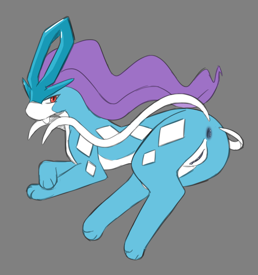 bargglesnatch-x1 butt female feral generation_2_pokemon genitals hi_res legendary_pokemon looking_at_viewer lying nintendo on_side pokemon pokemon_(species) pussy red_eyes simple_background solo suicune