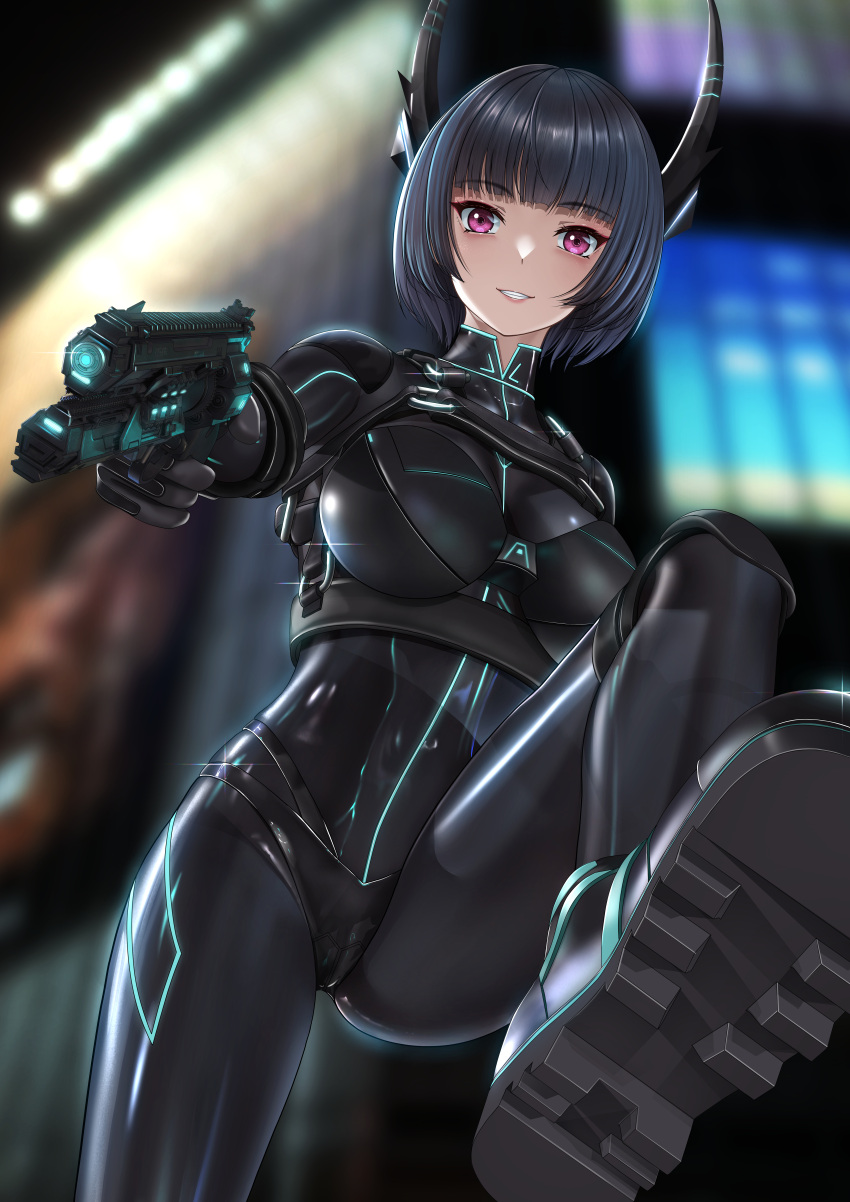 1girl absurdres black_hair blurry blurry_background bodysuit boots breasts commentary_request finger_on_trigger gesugao grin gun handgun highres holding holding_gun holding_weapon horns latex latex_bodysuit looking_at_viewer medium_breasts original purple_eyes science_fiction shiny_clothes shoe_soles short_hair skin_tight smile solo tai_(2vs) weapon
