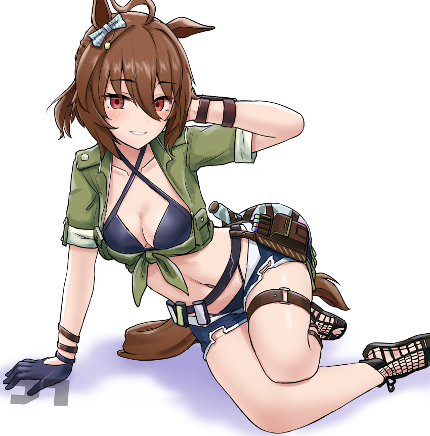 1girl absurdres agnes_tachyon_(lunatic_lab)_(umamusume) agnes_tachyon_(umamusume) ahoge animal_ears artist_logo belt bikini black_bikini black_gloves blue_shorts blush breasts brown_hair cleavage criss-cross_halter ear_bow flask gloves green_jacket hair_between_eyes halterneck hand_in_own_hair highres horse_ears horse_girl horse_tail jacket jtleeklm looking_at_viewer midriff navel open_mouth pouch red_eyes round-bottom_flask sandals short_hair short_shorts short_sleeves shorts simple_background sitting small_breasts smile solo summer's_sunlight_fades_to_blue_(umamusume) swimsuit tail test_tube tied_jacket umamusume watermark white_background yokozuwari