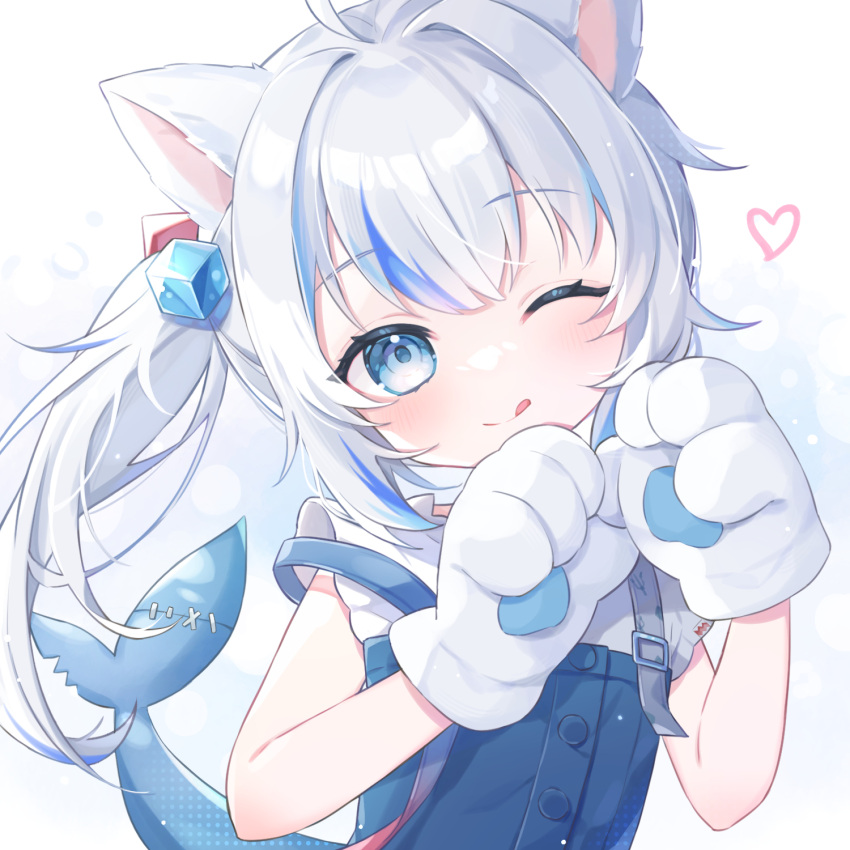 1girl ahoge animal_ears animal_hands blue_eyes blue_hair blue_skirt blunt_bangs blush cat_ears cat_paws cube_hair_ornament fins fish_tail frilled_sleeves frills gawr_gura gawr_gura_(3rd_costume) grey_hair hair_ornament heart highres hololive hololive_english looking_at_viewer multicolored_hair nemuri_(nemu729o) one_eye_closed ponytail shark_girl shark_tail shirt short_sleeves side_ponytail sidelocks skirt skirt_set solo streaked_hair tail tongue tongue_out virtual_youtuber white_background white_shirt