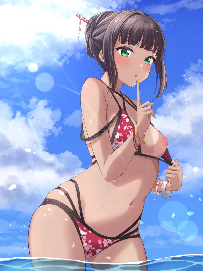 1girl alternate_hairstyle bikini bikini_tan bikini_top_aside black_hair blue_sky breasts cloud commentary_request finger_to_own_chin floral_print green_eyes hair_bun hair_ornament hair_stick hair_up highres kurosawa_dia long_hair looking_at_viewer love_live! love_live!_sunshine!! medium_breasts mobukichi mole mole_under_mouth multi-strapped_bikini multiple_bracelets navel ocean one_breast_out open_mouth partially_submerged print_bikini pulled_by_self red_bikini sidelocks sky solo sunlight swimsuit tan tanlines wet