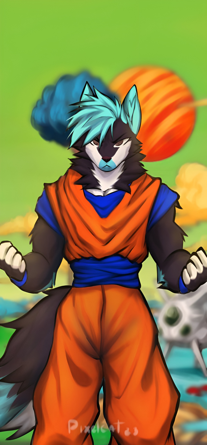 absurd_res anthro black_body black_fur blue_body blue_fur blue_hair canid canine canis fur goku_uniform hair hi_res male mammal namek pixelcat solo white_body white_fur wolf