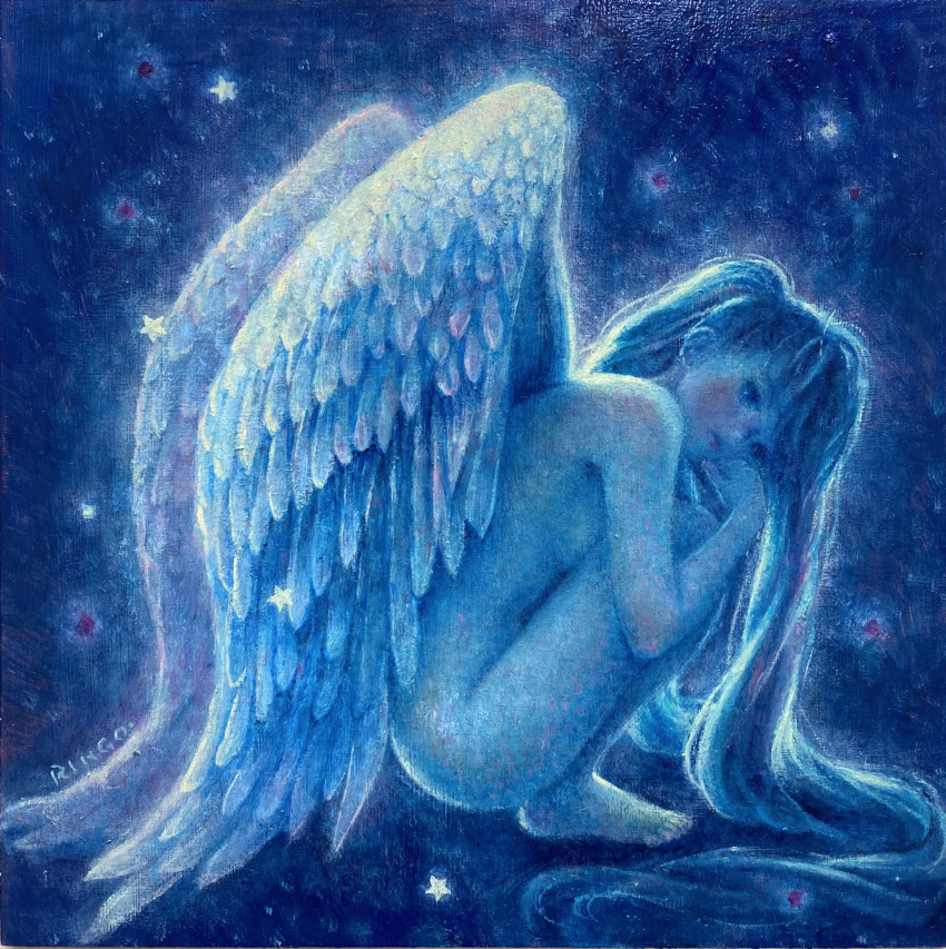 1girl angel angel_wings barefoot blue_theme blush breasts completely_nude feathered_wings full_body highres long_hair looking_to_the_side nude oil_painting_(medium) original painting_(medium) ringodrawing small_breasts solo squatting star_(symbol) traditional_media twintails very_long_hair white_wings wings