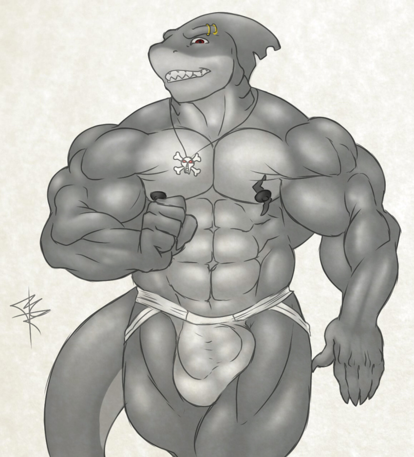 5_fingers abs anthro balls_outline biceps big_biceps big_muscles black_nipples bulge clothing detailed_bulge fingers fish genital_outline glistening glistening_body grey_body hi_res jockstrap jockstrap_bulge male marine markshark modem_redpill musclegut muscular muscular_male muscular_thighs nipples penis_outline shark smile smiling_at_viewer solo tail teeth third-party_edit underwear