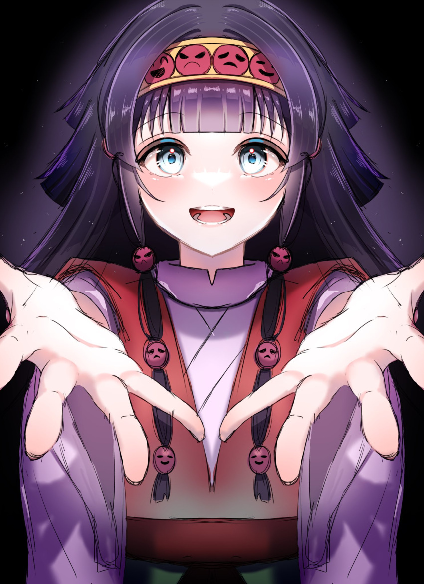 1girl alluka_zoldyck black_background black_hair blue_eyes dress female_child hair_ornament hairband highres hunter_x_hunter japanese_clothes kagami1118 long_hair long_sleeves looking_at_viewer multi-tied_hair reaching reaching_towards_viewer simple_background smile smiley_face solo upper_body