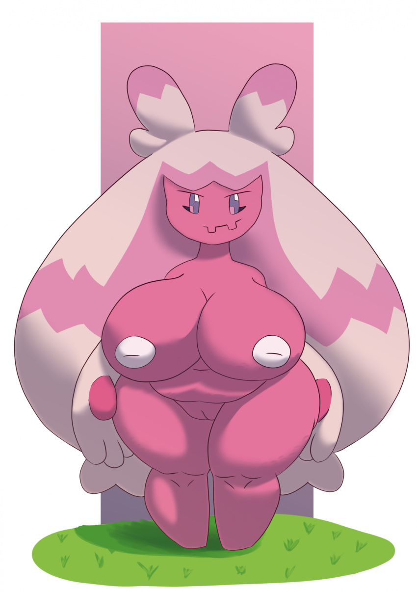 areola beady_eyes big_breasts breasts eyelashes featureless_feet female generation_9_pokemon genitals grass hi_res huge_breasts humanoid inverted_nipples looking_back navel nintendo nipples nude pink_background pink_body plant pokemon pokemon_(species) purple_eyes pussy ririzael short_stack simple_background slightly_chubby solo thick_thighs tinkaton white_areola white_background white_nipples wide_hips