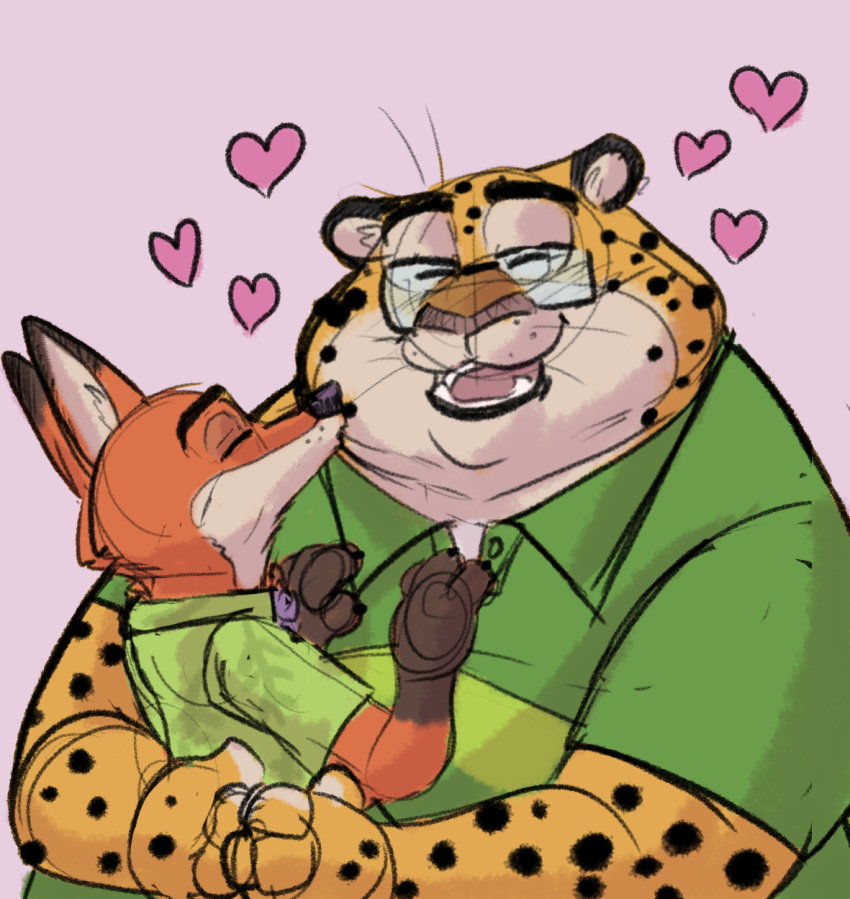 &lt;3 baron_puddin_paws benjamin_clawhauser canid canine cheetah chubby_cheeks clothed clothing digital_drawing_(artwork) digital_media_(artwork) disney duo embrace eyes_closed eyewear felid feline fox fur glasses guide_lines hand_on_chest hi_res hug kissing male male/male mammal nick_wilde overweight overweight_male pink_background romantic romantic_couple simple_background size_difference smile spots spotted_body spotted_fur zootopia