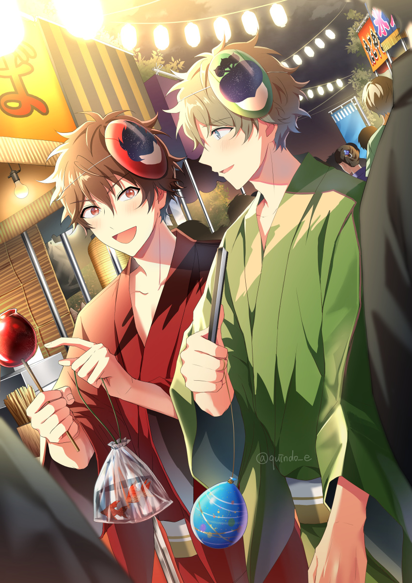 2boys absurdres balloon blonde_hair blue_eyes brown_eyes brown_hair candy_apple ensemble_stars! fish food green_kimono green_mask highres holding holding_food japanese_clothes kimono kindo kindo_(quindo_e) male_focus mask mask_on_head morisawa_chiaki multiple_boys open_mouth red_kimono red_mask takamine_midori yukata