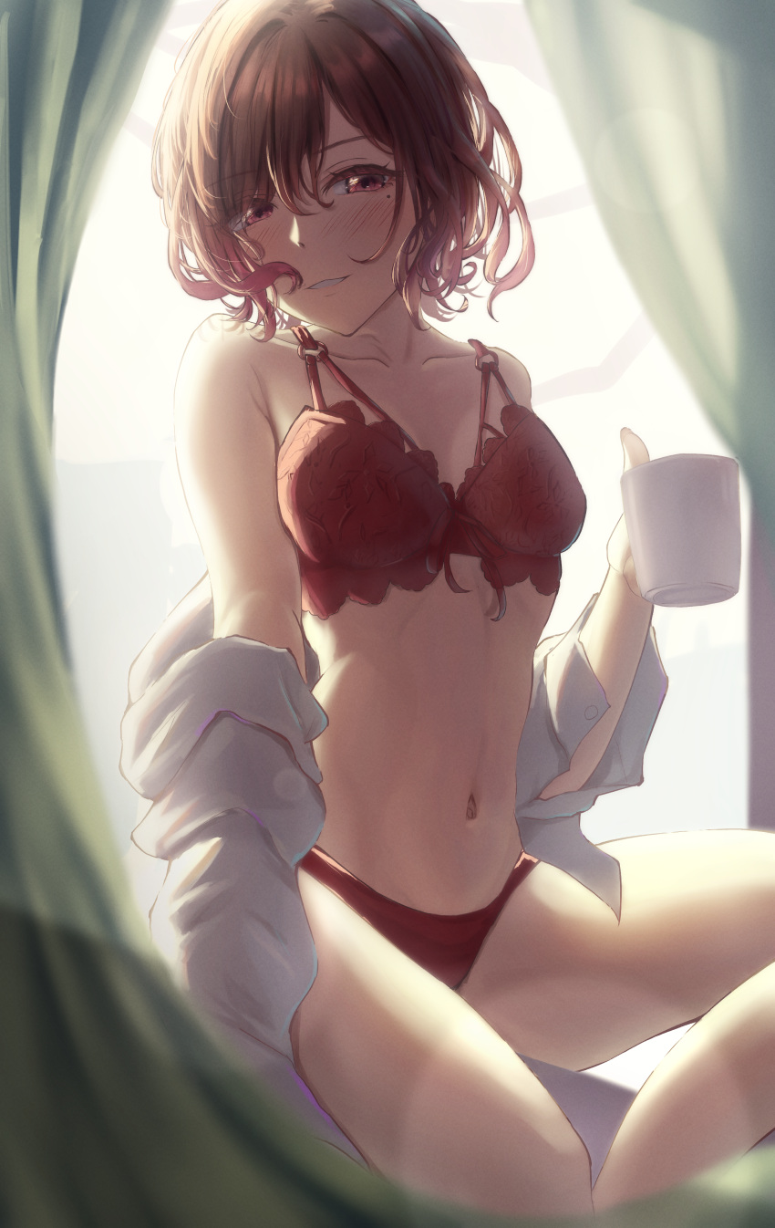 1girl absurdres backlighting blurry blurry_foreground blush bow bow_bra bra breasts brown_hair clothes_pull coffee_mug collarbone cup curtains depth_of_field dress_shirt half-closed_eyes highres higuchi_madoka holding holding_cup idolmaster idolmaster_shiny_colors indoors knee_up lingerie looking_at_viewer misanga_(hxjd5354) mole mole_under_eye mug navel no_pants off_shoulder open_mouth panties red_bra red_eyes red_panties shirt shirt_pull short_hair sitting small_breasts smile solo unbuttoned_sleeves underwear wavy_hair white_shirt window