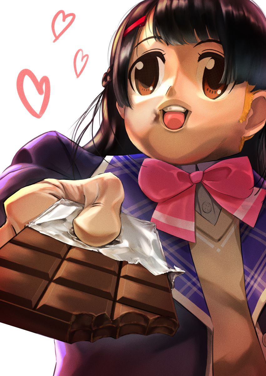 1girl absurdres animegao black_hair blazer blue_jacket bow bowtie braid brown_eyes candy cardigan character_mask chocolate chocolate_bar commentary_request cosplay facing_viewer film_grain food food_bite french_braid from_below hair_ornament hairclip happa_de_happy heart highres hime_cut holding holding_chocolate holding_food incoming_food jacket kigurumi long_sleeves mask nazono_mito nijisanji open_clothes open_jacket pink_bow pink_bowtie smile solo tsukino_mito upper_body valentine virtual_youtuber white_background wig yellow_cardigan