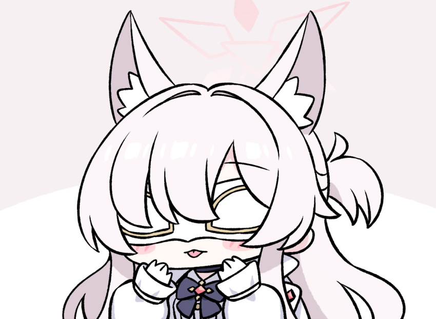 1girl akira_(blue_archive) animal_ears black_bow black_bowtie black_choker blue_archive blush_stickers bow bowtie cape cat_ears chan_co chibi choker eye_mask gloves halo long_hair shirt solo tongue tongue_out white_cape white_gloves white_hair white_shirt