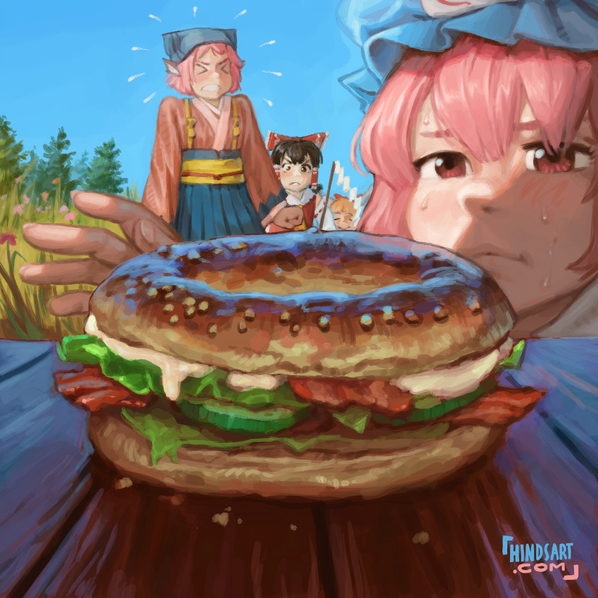 &gt;_&lt; 4girls absurdres animal_ears bacon bagel bird_ears black_hair blonde_hair blue_hakama blue_sky bow cheese clenched_hand commentary detached_sleeves english_commentary eyebrows_hidden_by_hair flying_sweatdrops food frown gohei grass hair_bow hair_tubes hakama hakurei_reimu hat highres hindsart holding holding_gohei ibuki_suika japanese_clothes lettuce mob_cap multiple_girls mystia_lorelei pink_eyes pink_hair saigyouji_yuyuko sandwich sky sweat table tall_grass touhou tree v-shaped_eyebrows web_address
