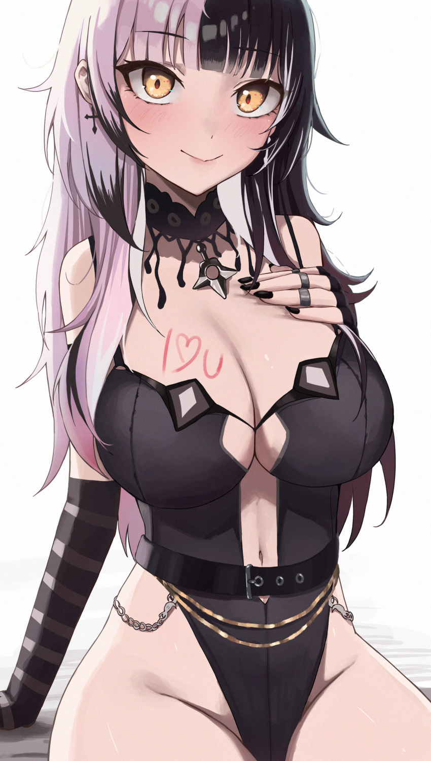 1girl absurdres black_choker black_gloves black_hair black_leotard black_nails blush breasts choker cleavage cross cross_earrings earrings elbow_gloves gloves grey_hair highres hololive hololive_english jewelry lace-trimmed_choker lace_trim large_breasts leotard long_hair looking_at_viewer multicolored_hair nail_polish navel ring shiori_novella smile solo split-color_hair striped striped_gloves vicarious virtual_youtuber yellow_eyes