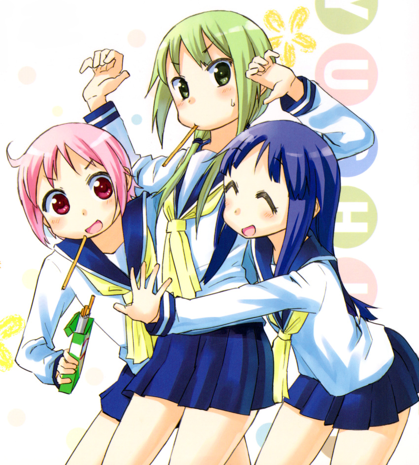 3girls absurdres arms_up blue_skirt blush closed_eyes food food_in_mouth green_eyes green_hair highres hinata_yukari holding holding_food ichii_yui kakifly long_hair long_sleeves multiple_girls neckerchief nonohara_yuzuko official_art open_mouth pink_hair pleated_skirt pocky purple_hair red_eyes scan school_uniform serafuku short_hair simple_background skirt smile twintails white_background yellow_neckerchief yuyushiki yuyushiki's_school_uniform