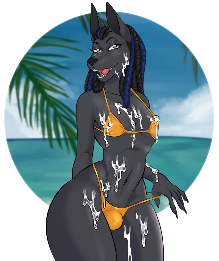 anthro anubian_jackal beach bikini bikini_bottom bikini_pull bikini_thong bikini_top bodily_fluids bulge canid canine canis clothed clothing clothing_pull crossdressing cum cum_on_body cum_on_chest cum_on_face cum_on_leg deadman_joe_velasquez detailed_background dreadlocks genital_fluids girly hi_res jackal male mammal public seaside skimpy_bikini solo string_bikini swimwear swimwear_pull thick_thighs water wide_hips yuuneechan801