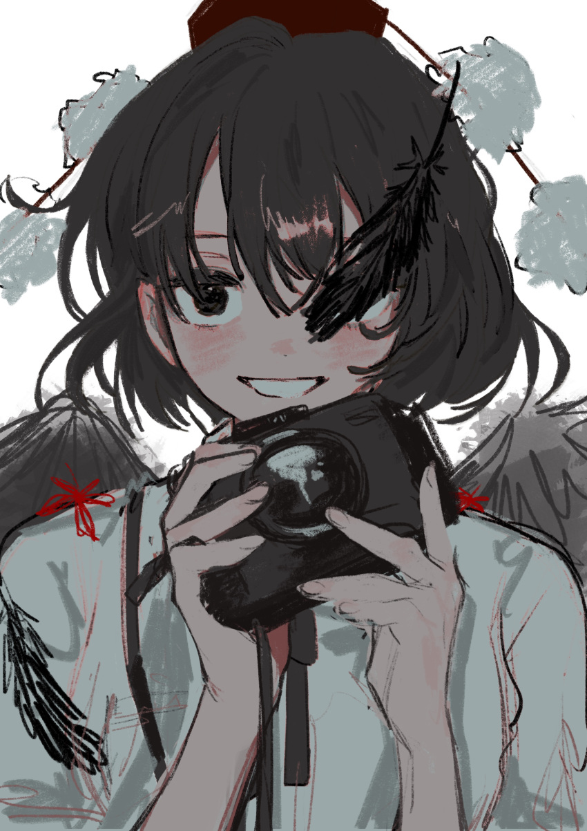 1girl absurdres black_feathers black_hair blush camera falling_feathers feathers gotagotay hat highres holding holding_camera looking_at_viewer one_eye_covered pom_pom_(clothes) shameimaru_aya shirt smile solo tokin_hat touhou upper_body white_shirt