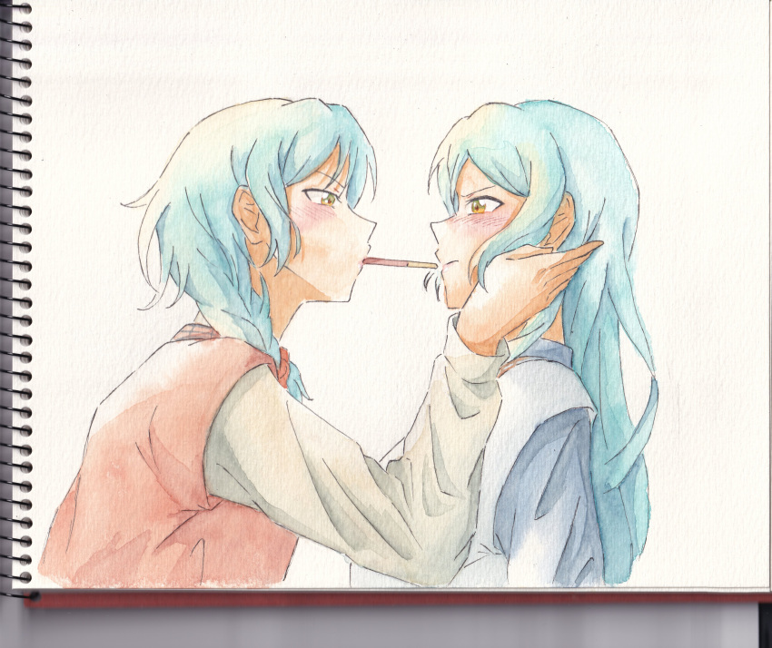 2girls absurdres aqua_hair bang_dream! braid brown_sweater_vest food green_eyes hand_on_another's_face highres hijiki_draw hikawa_hina hikawa_sayo imminent_kiss incest long_hair looking_at_another medium_hair multiple_girls pocky pocky_day pocky_kiss shirt siblings sisters sweater_vest traditional_media twincest twins white_shirt yuri