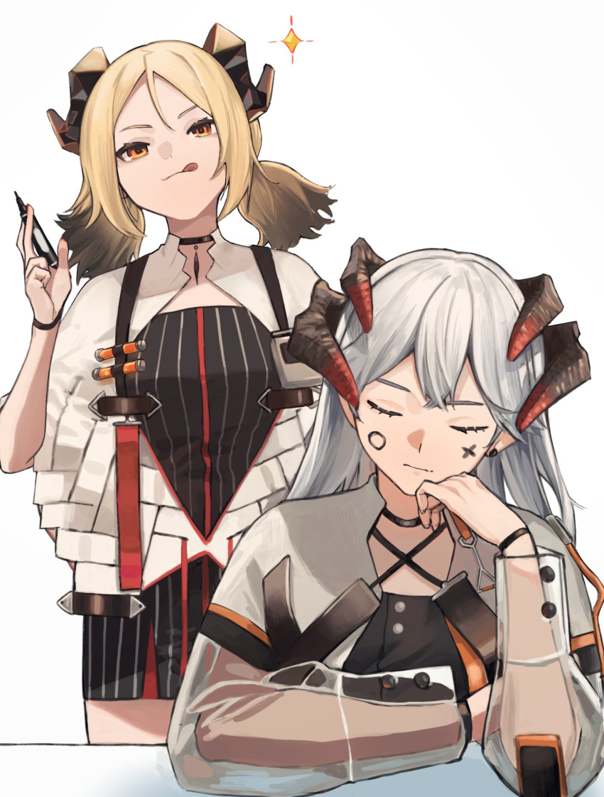 arknights blonde_hair demon_horns dragon_horns dress feather_choker grey_hair hi_yuuga highres holding holding_marker horns ifrit_(arknights) jacket long_hair marker open_clothes open_jacket orange_eyes orange_nails saria_(arknights) see-through see-through_sleeves short_twintails striped striped_dress table twintails white_background white_jacket