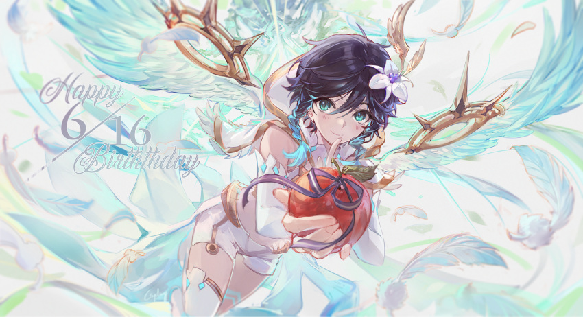 black_hair blue_hair blue_wings blush braid closed_mouth csyday dated dutch_angle elbow_gloves feathered_wings finger_to_mouth flower food fruit full_body genshin_impact gloves gradient_hair green_eyes hair_between_eyes hair_flower hair_ornament happy_birthday highres holding holding_food holding_fruit incoming_gift legs_together long_hair looking_at_viewer multicolored_hair shirt short_shorts shorts sidelocks sleeveless sleeveless_shirt smile thighhighs thighs tomato twin_braids venti_(genshin_impact) white_flower white_gloves white_shirt white_shorts white_thighhighs wings