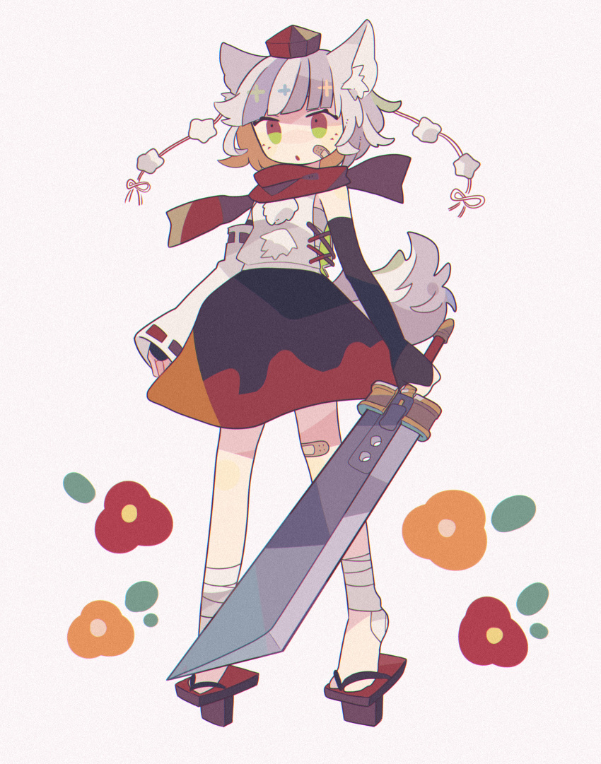 1girl :o animal_ear_fluff animal_ears bad_id bad_tumblr_id bandaid bandaid_on_cheek bandaid_on_face bandaid_on_leg black_bridal_gauntlets black_skirt bridal_gauntlets daizu_(melon-lemon) detached_sleeves film_grain flower_(symbol) full_body geta green_eyes grey_background grey_hair hat highres holding holding_weapon inubashiri_momiji leg_wrap looking_ahead medium_hair miniskirt multicolored_eyes multicolored_hair parted_lips pom_pom_(clothes) red_eyes red_headwear red_scarf red_skirt ribbon-trimmed_sleeves ribbon_trim sarashi scarf shirt sideless_outfit simple_background single_detached_sleeve skirt solo streaked_hair sword tail tengu-geta tiptoes tokin_hat touhou two-tone_eyes weapon white_shirt white_sleeves wolf_ears wolf_girl wolf_tail