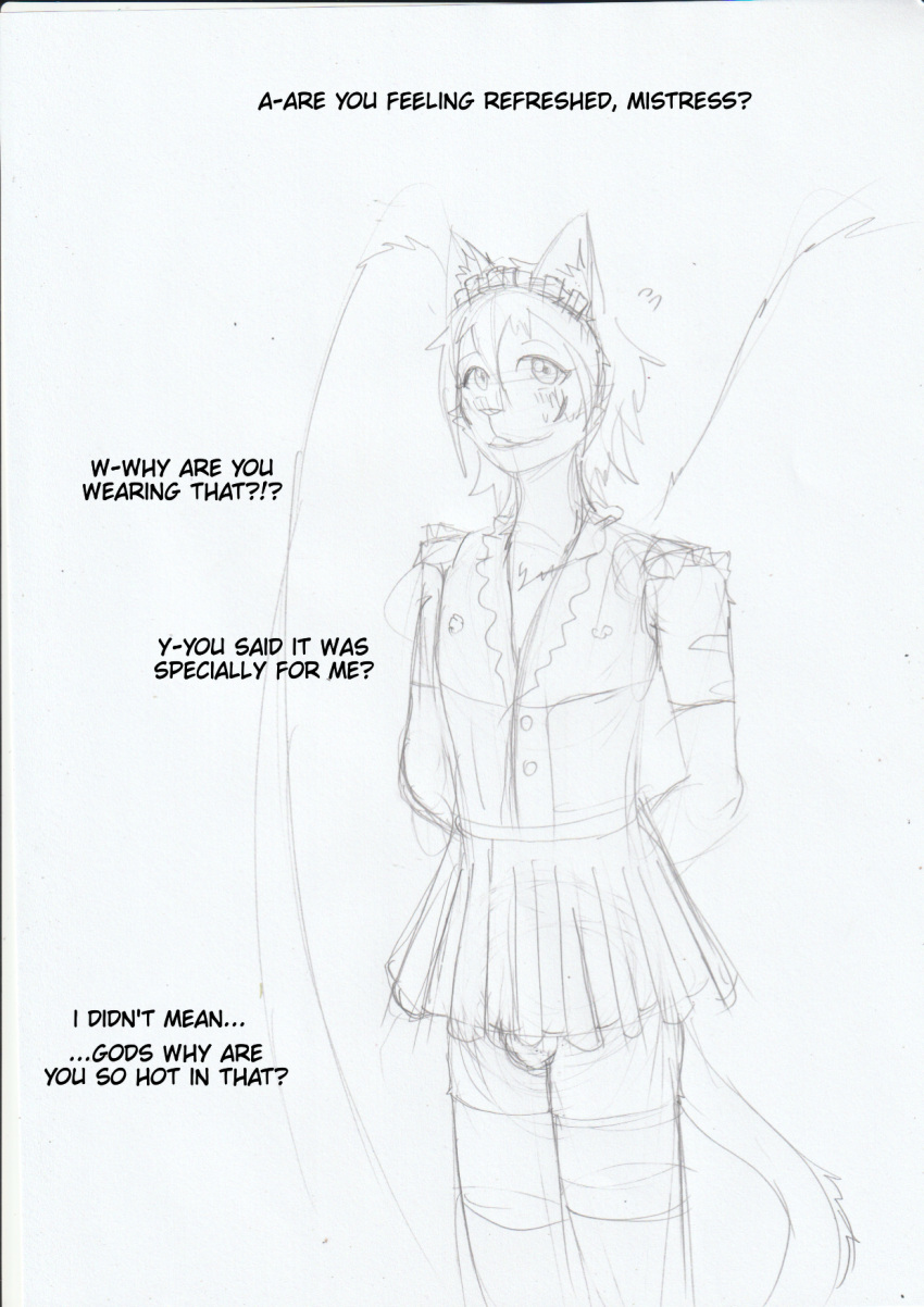 after_shower anthro arc_rose blush bulge clothed clothing comic couple_(disambiguation) dialogue felid feline female hi_res maid_uniform male mammal sketch surprised_expression text traditional_media_(artwork) uniform wings zephyr_(arcrose)