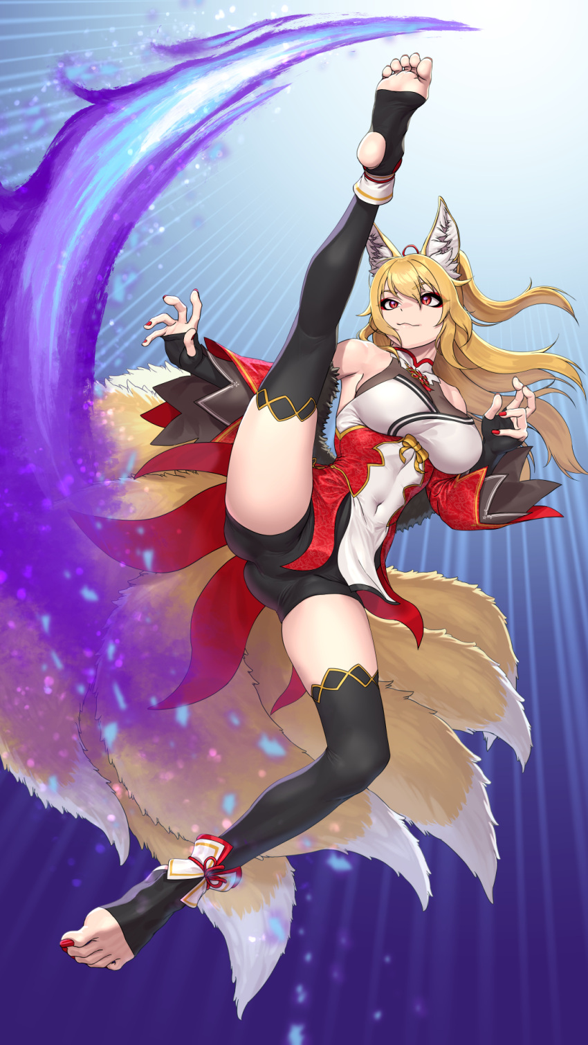 1girl animal_ears blonde_hair breasts detached_sleeves feet fox_ears fox_tail high_kick highres kicking kitsune kyuubi legs lyoung0j multiple_tails nail_polish no_shoes original red_nails soles solo stirrup_legwear tail thighs toeless_legwear toenail_polish toenails toes