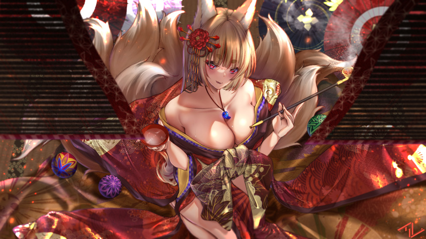 1girl alcohol animal_ears bare_shoulders blonde_hair blush breasts cleavage cup flower fox_ears fox_tail from_above hair_flower hair_ornament highres holding holding_cup holding_smoking_pipe indoors japanese_clothes jewelry kimono large_breasts licking_lips long_hair looking_at_viewer multiple_tails necklace no_bra nolmo obi off_shoulder oil-paper_umbrella original ornament red_eyes sakazuki sake sash seiza sitting smile smoking_pipe solo tail tongue tongue_out umbrella