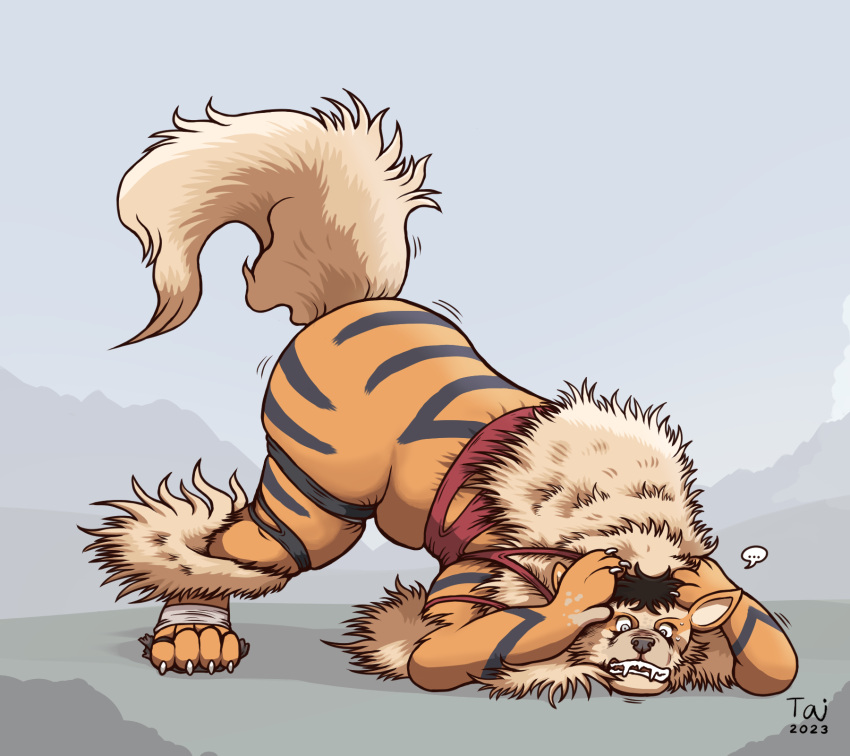 arcanine black_hair clothing feral fluffy fluffy_mane fluffy_tail fur generation_1_pokemon hair hi_res human human_to_feral long_ears male male/male mammal mane mane_hair nintendo orange_body orange_fur pokemon pokemon_(species) raised_tail shocked simple_background snout solo species_transformation striped_body striped_fur stripes tail taitora torn_clothing transformation