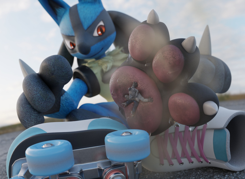 absurd_res anthro bodily_fluids cloud cloudscape dirty_feet dominant dominant_anthro dominant_male dominant_pokemon duo dvorakir feet foot_fetish foot_on_chest generation_4_pokemon hi_res immobile insole larger_male lucario male male/male male_feet male_on_top nintendo on_top outside pokemon pokemon_(species) roller_skates size_difference sky smelly smelly_feet smelly_paws smile smothering soles steamy_feet stuck_to_foot sweat sweaty_feet toes trapped underfoot