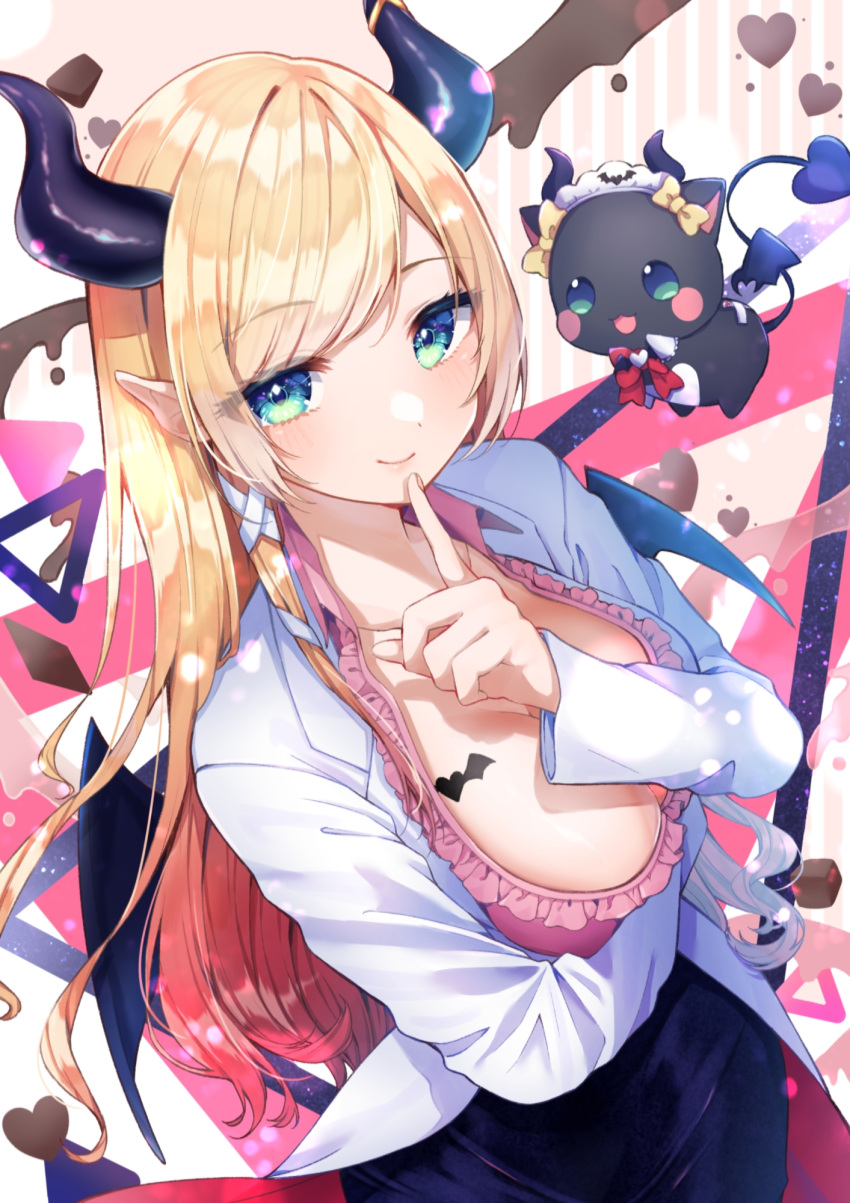 1girl arm_under_breasts black_horns black_skirt blonde_hair breast_tattoo breasts center_frills cleavage closed_mouth coat demon_horns demon_wings finger_to_own_chin frilled_shirt frills gradient_hair green_eyes highres hololive horn_ornament horn_ring horns kuwaefuru labcoat large_breasts long_hair looking_at_viewer multicolored_hair open_clothes open_coat pencil_skirt pink_hair pink_shirt pointy_ears red_coat shirt single_sidelock skirt smile solo swept_bangs tattoo two-sided_coat virtual_youtuber white_coat winged_heart wings yuzuki_choco