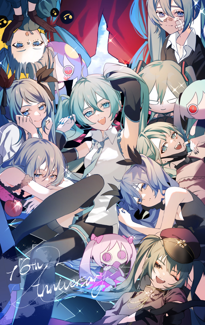 6+girls :d :o :| absurdres aimaina anniversary apple aqua_eyes aqua_hair bandaid bandaid_on_face bandaid_on_nose bare_shoulders black_bow black_dress black_gloves black_skirt black_sweater black_thighhighs blue_eyes blue_hair blue_jacket blue_necktie bow closed_mouth collared_jacket collared_shirt commentary_request covered_mouth doushite-chan dress expressionless food forehead fruit gauze_on_cheek gloves green_hair grey_eyes hair_bow hands_framing_own_cheeks hands_on_own_cheeks hands_on_own_face hands_up hat hatsune_miku highres jacket knee_up long_hair looking_at_viewer lying matryoshka_(vocaloid) military_hat military_uniform multiple_girls multiple_persona necktie nightgown off-shoulder_dress off_shoulder on_side on_stomach peaked_cap pink_nightgown pink_shirt pleated_skirt purple_headwear red_apple rolling_girl_(vocaloid) romeo_to_cinderella_(vocaloid) school_uniform senbonzakura_(vocaloid) shinkai_shoujo_(vocaloid) shirt skirt sleeveless sleeveless_dress sleeveless_shirt smile sweater teeth thighhighs twintails un_known9999 uniform upper_teeth_only upside-down v-neck vampire_(vocaloid) very_long_hair vocaloid white_dress white_shirt world_is_mine_(vocaloid)