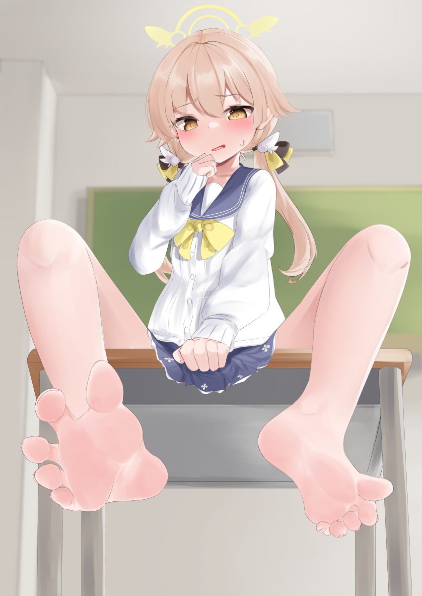 1girl absurdres bare_legs barefoot blonde_hair blue_archive blush classroom desk feet halo hifumi_(blue_archive) highres lts_kakuyo no_shoes on_desk open_mouth school_uniform sitting sitting_on_desk soles solo spread_toes sweatdrop toes yellow_eyes