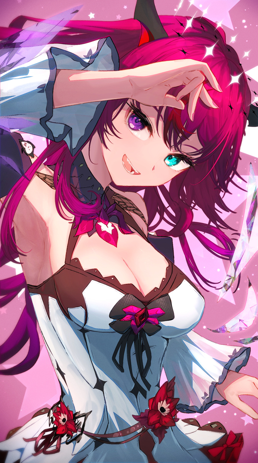 1girl armpits blue_eyes breasts brooch cleavage cleavage_cutout clothing_cutout commentary cowboy_shot detached_sleeves dress english_commentary eyelashes fangs getto halo hand_up heart heart_brooch heterochromia highres hololive hololive_english horns irys_(hololive) irys_(irys_2.0)_(hololive) jewelry looking_at_viewer medium_breasts open_mouth pointy_ears purple_eyes purple_hair red_hair short_dress sleeveless sleeveless_dress solo virtual_youtuber white_sleeves