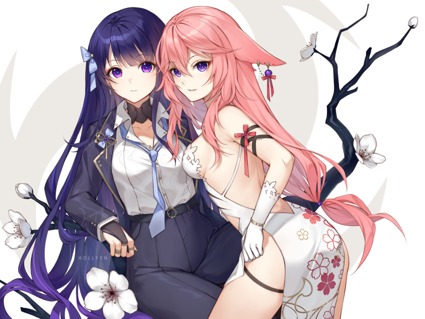 2girls animal_ears artist_name bare_back bare_shoulders belt blunt_bangs bow branch breasts collared_shirt commentary_request contemporary dress earrings flower genshin_impact hair_between_eyes hair_bow hair_down hair_ornament hair_ribbon hollyyn jacket jewelry long_hair looking_at_viewer looking_to_the_side mitsudomoe_(shape) multiple_girls necktie no_mole open_clothes open_jacket pants pink_hair purple_eyes purple_hair raiden_shogun ribbon ring shirt sideboob simple_background single_earring tomoe_(symbol) white_background white_dress white_flower yae_miko yuri