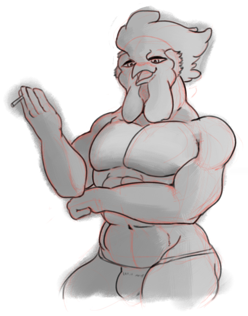 2017 abs anthro avian avian_caruncle biceps bird bulge chicken cigarette clothed clothing comb_(anatomy) dewlap_(anatomy) digital_drawing_(artwork) digital_media_(artwork) front_view g-string galliform gallus_(genus) guide_lines head_crest hi_res holding_object looking_down low-angle_view male muscular muscular_male nobodyshouse open_mouth open_smile pecs phasianid portrait simple_background smile solo standing three-quarter_portrait underwear underwear_only wattle white_background