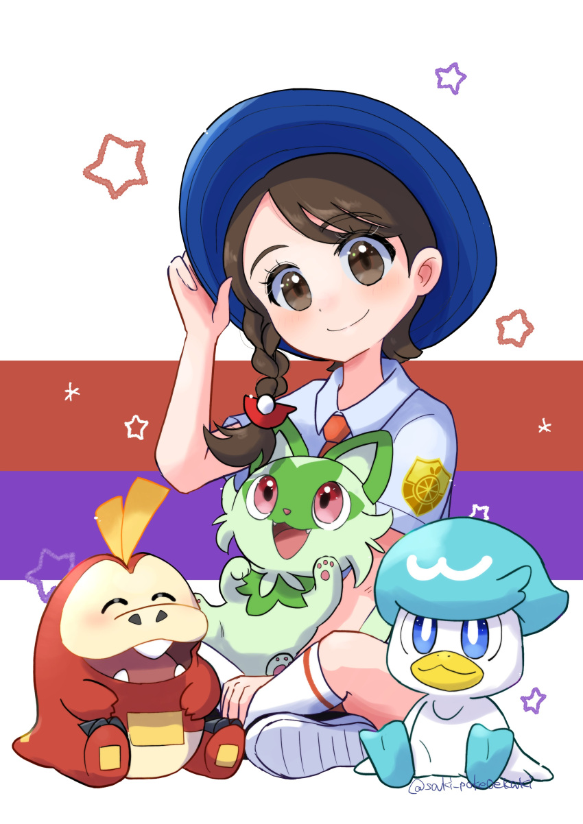 absurdres blue_headwear braid brown_eyes brown_hair crossed_legs fuecoco highres juliana_(pokemon) naranja_academy_(emblem) naranja_academy_school_uniform necktie orange_necktie pokemon pokemon_(creature) pokemon_(game) pokemon_sv quaxly saki_pokeoekaki school_uniform shirt side_braid smile socks sprigatito white_shirt white_socks