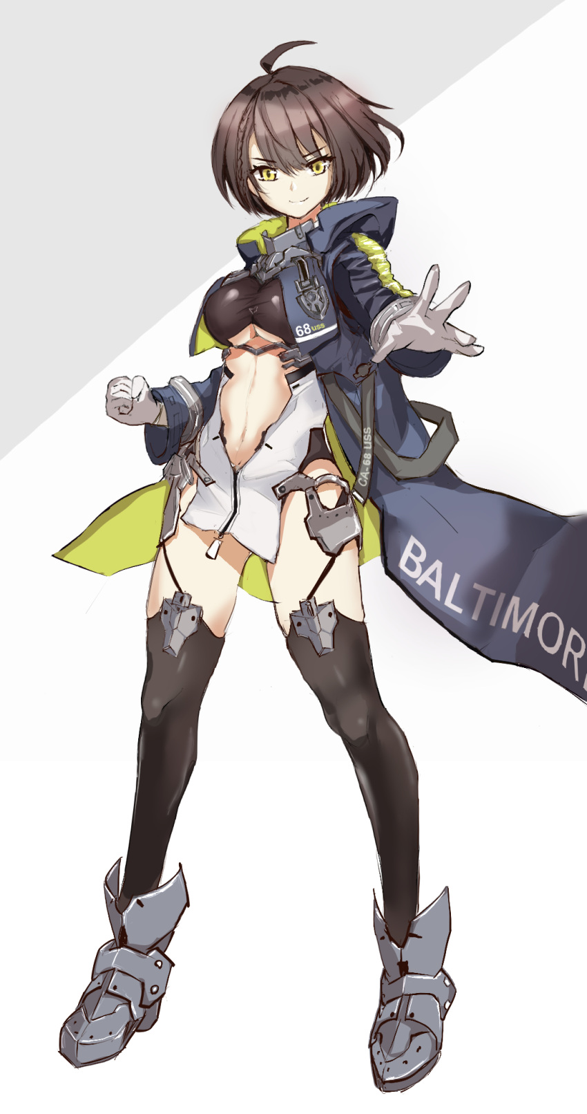 1girl 55hako ahoge armor azur_lane baltimore_(azur_lane) black_shirt black_thighhighs blue_coat braid breasts brown_hair center_opening character_name clenched_hand closed_mouth clothing_cutout coat commentary dress faulds french_braid full_body gloves green_coat hair_between_eyes highres hood hood_down hooded_coat large_breasts long_sleeves looking_at_viewer navel open_clothes open_coat pelvic_curtain revealing_clothes rudder_footwear shirt short_hair sidelocks simple_background sketch skindentation smile solo standing stomach thighhighs two-tone_coat underboob underboob_cutout white_dress white_gloves yellow_eyes zipper zipper_pull_tab