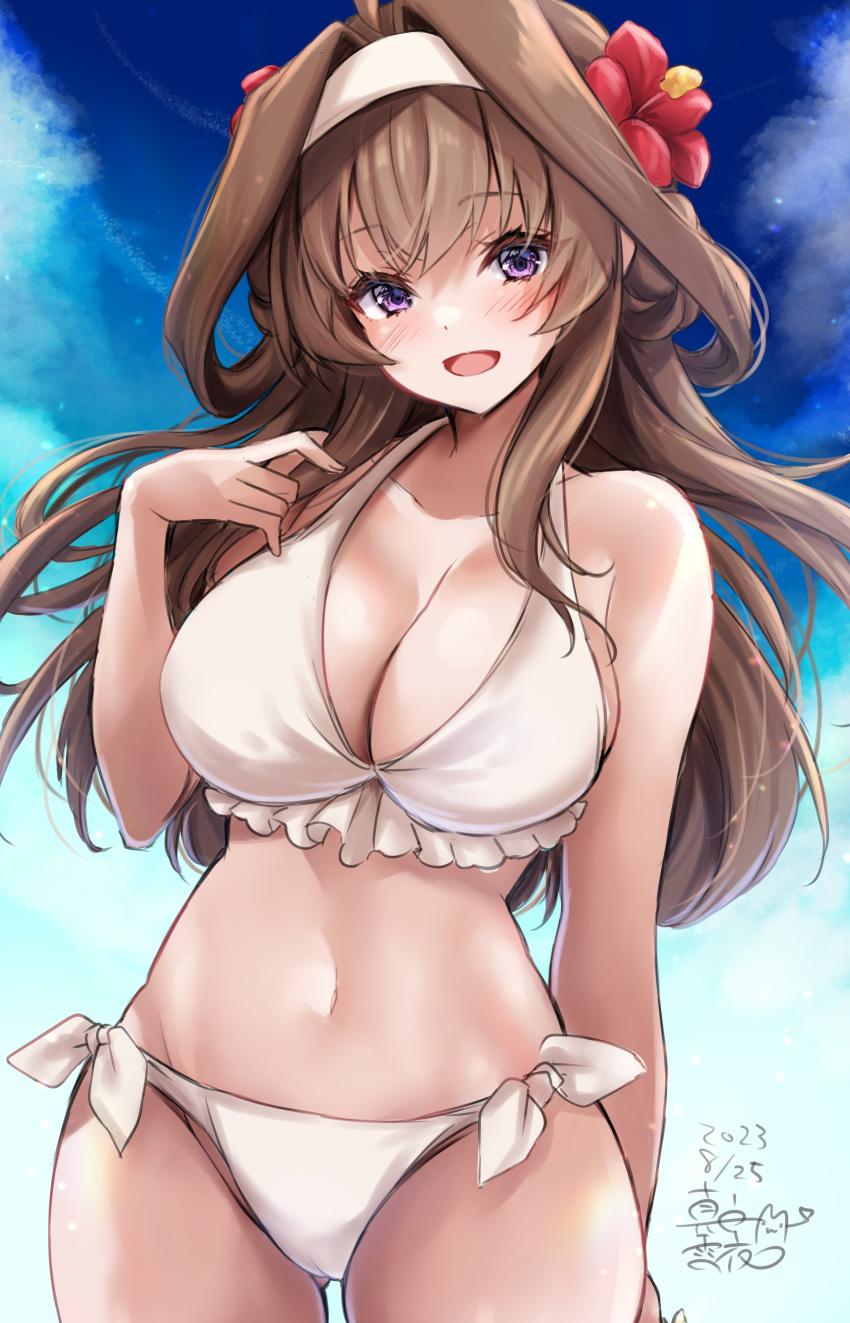 1girl :d absurdres alternate_costume bikini breasts brown_hair cleavage commentary_request dated flower hair_flower hair_ornament hairband hand_up hibiscus highres kantai_collection kongou_(kancolle) large_breasts long_hair looking_at_viewer mashiro_yukiya navel purple_eyes red_flower signature sky smile solo swimsuit white_bikini white_hairband