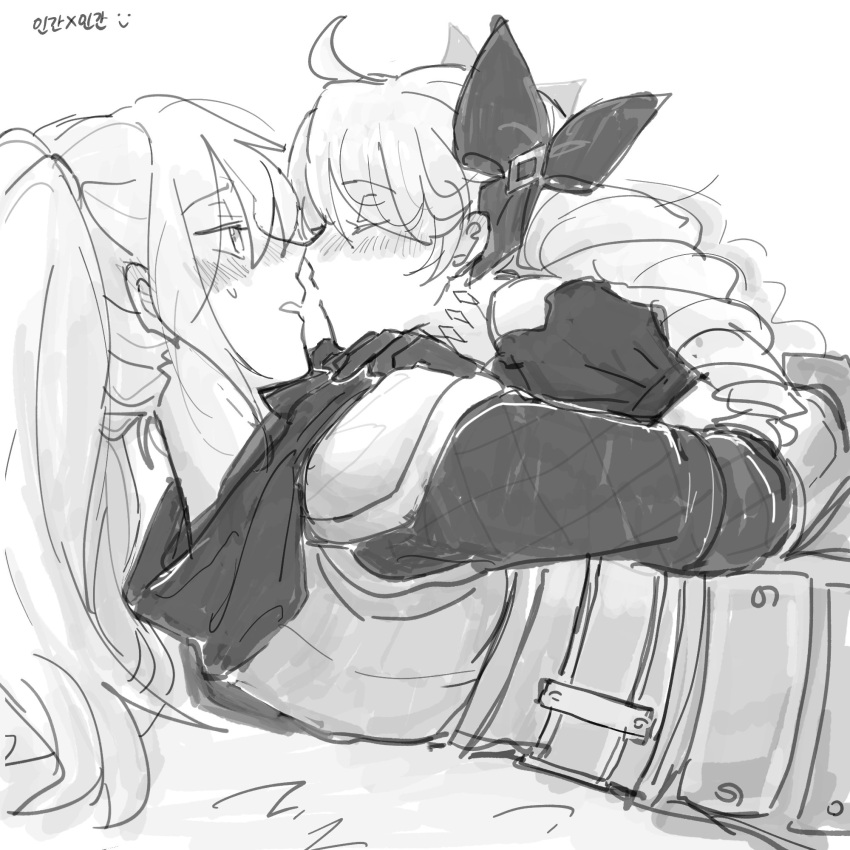 2girls ahoge alternate_size armor blush bow closed_eyes drill_hair from_side greyscale gwen_(league_of_legends) hair_bow highres league_of_legends long_sleeves monochrome multiple_girls poppy_(league_of_legends) shoulder_plates sweatdrop translation_request twin_drills twintails xayahsona_27 yuri