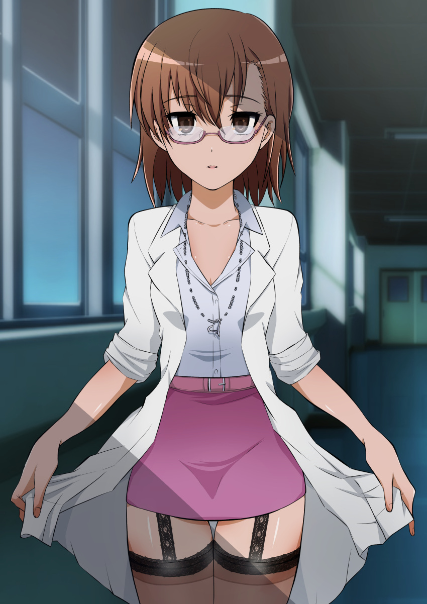 1girl absurdres belt black_eyes black_thighhighs blank_eyes blue_shirt bokunopiko brown_hair collarbone collared_shirt cowboy_shot doctor expressionless gacha garter_straps glasses heart heart_necklace highres holding holding_clothes hospital indoors jewelry long_sleeves looking_at_viewer miniskirt misaka_imouto necklace night official_alternate_costume open_labcoat open_mouth parted_bangs pink_skirt see-through see-through_legwear shirt short_hair skirt sleeves_rolled_up solo standing thighhighs toaru_majutsu_no_index
